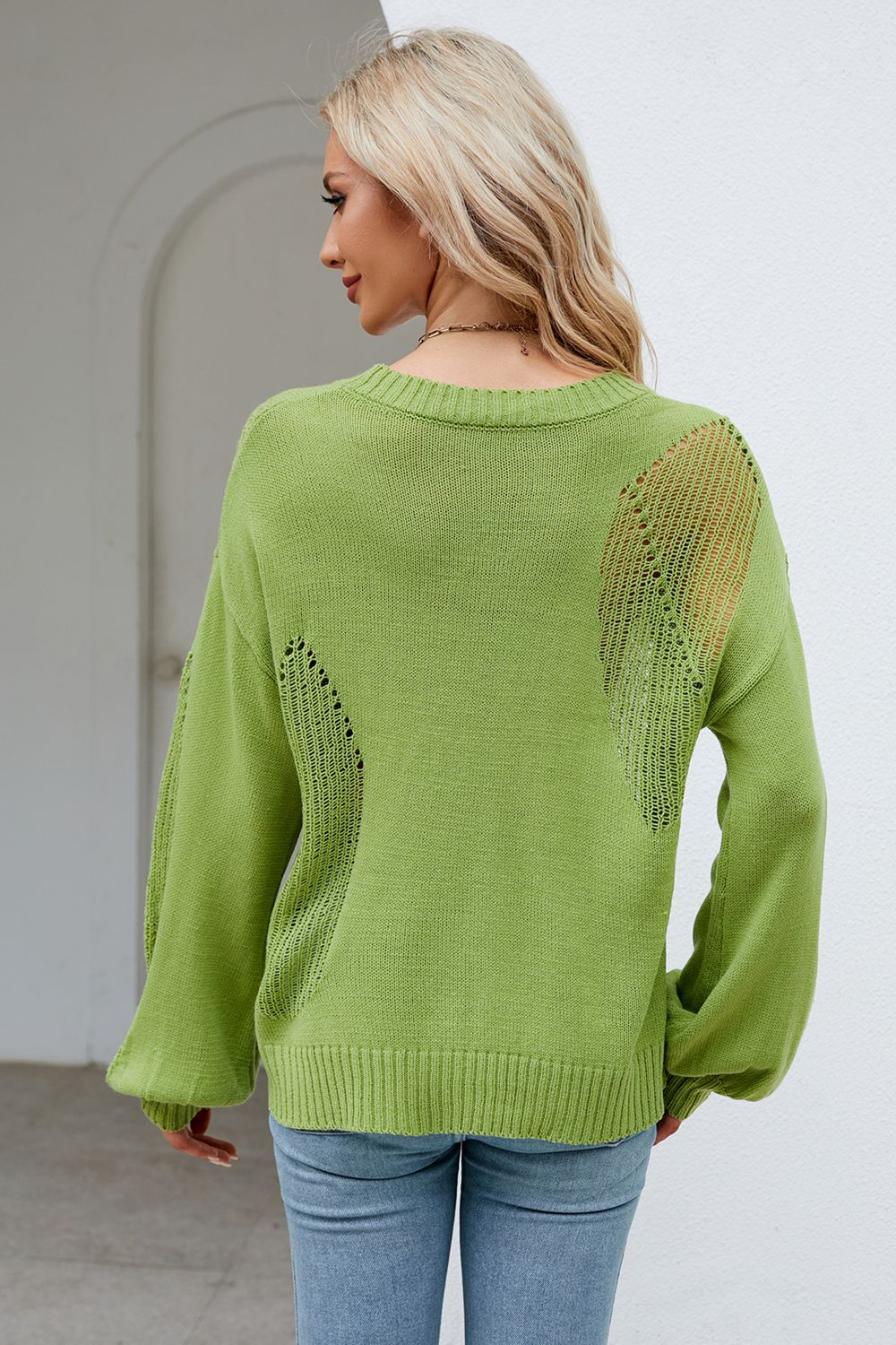 Openwork Round Neck Dropped Shoulder Knit Top  - Doll Fits