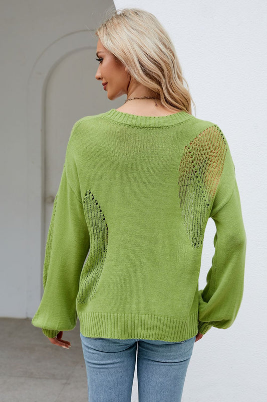 Openwork Round Neck Dropped Shoulder Knit Top  - Doll Fits