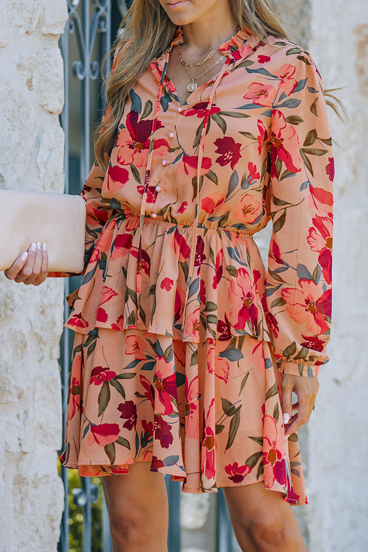 Floral Tie Neck Long Sleeve Layered Dress  Dresses- Doll Fits