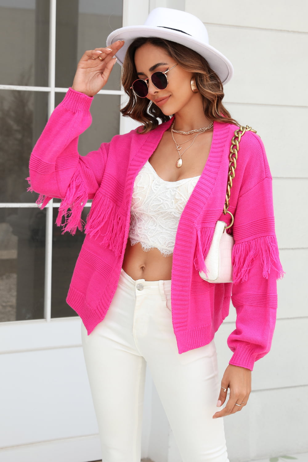 Double Take Fringe Trim Open Front Cardigan  - Doll Fits
