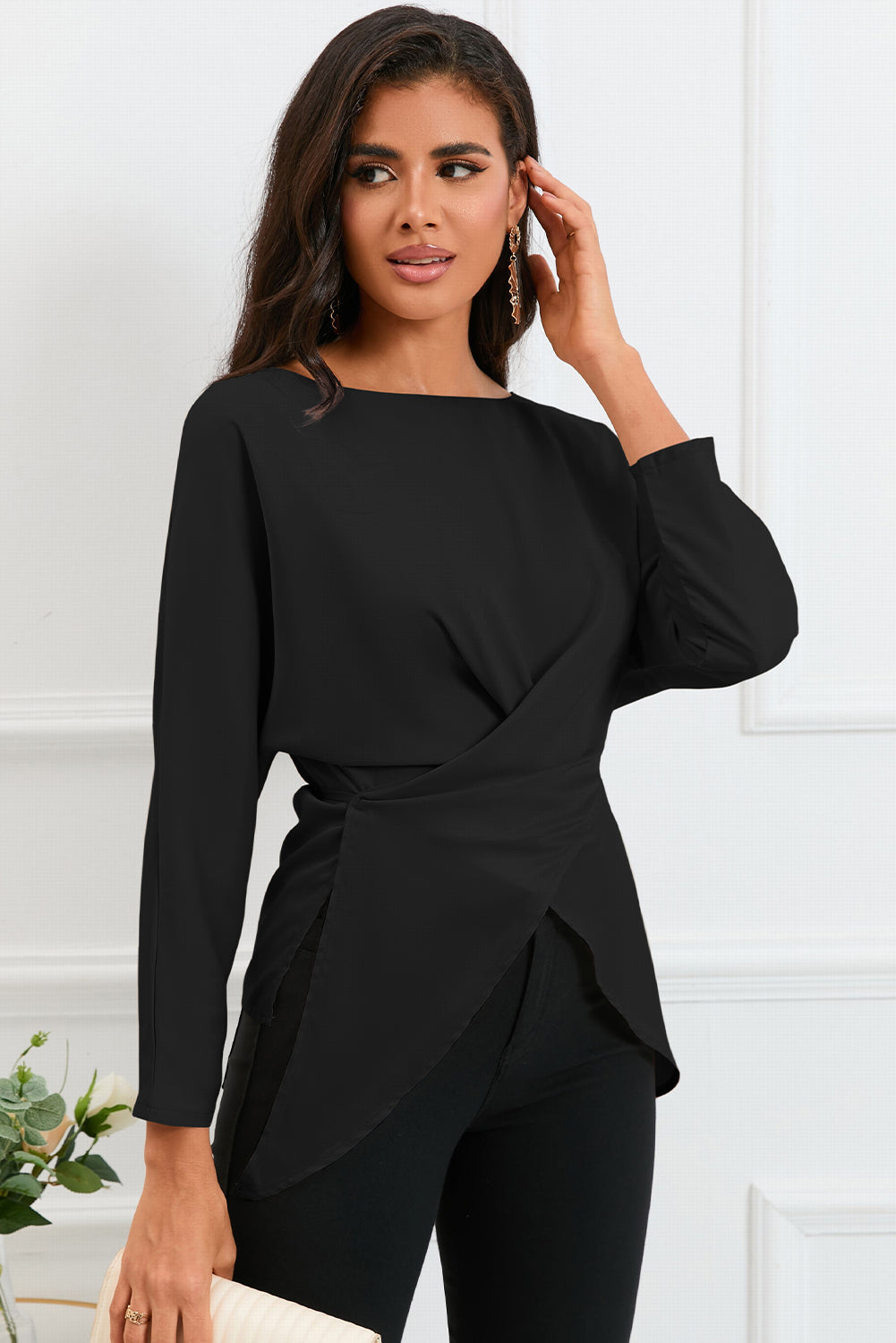 Boat Neck Back Tie Long Sleeve Satin Blouse  Shirts & Tops- Doll Fits