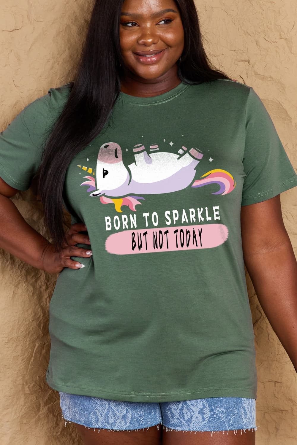 Simply Love Full Size BORN TO SPARKLE BUT NOT TODAY Graphic Cotton Tee  - Doll Fits