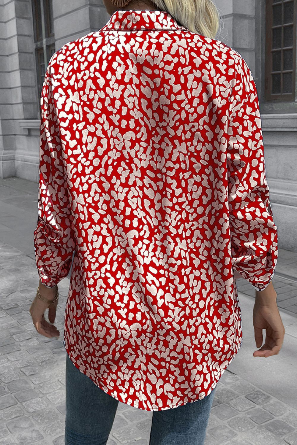 Double Take Leopard Roll-Tap Sleeve Shirt  - Doll Fits