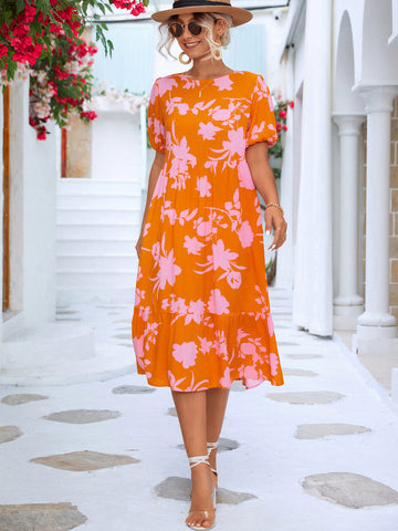 Floral Puff Sleeve Ruffle Hem Midi Dress  Dresses- Doll Fits