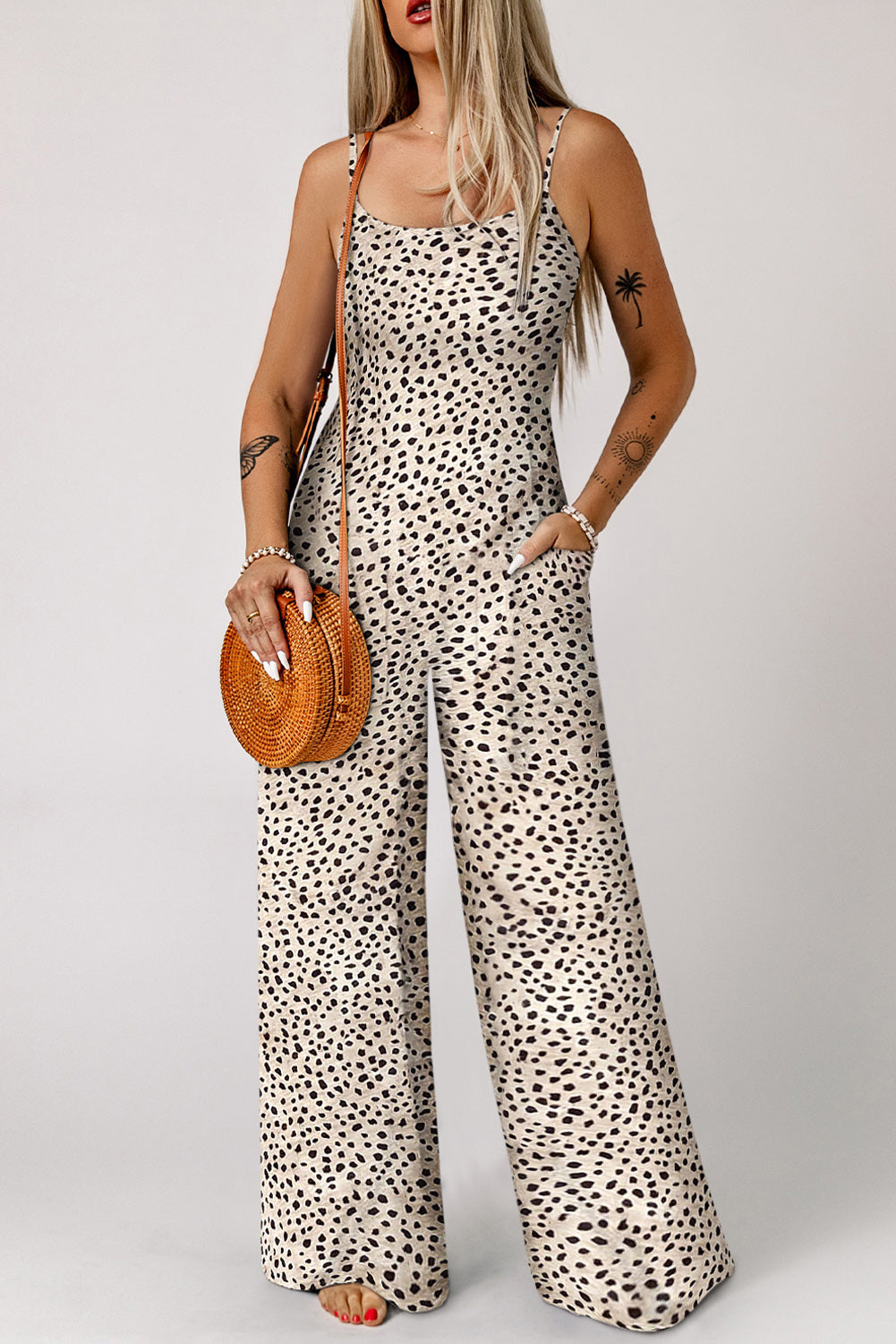 Printed Spaghetti Strap Jumpsuit with Pockets  - Doll Fits