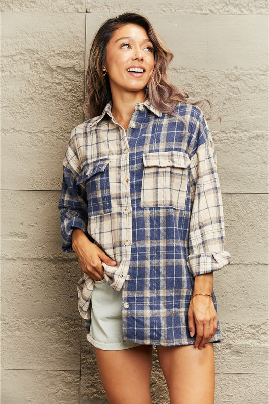 Plaid Dropped Shoulder Shirt Jacket  - Doll Fits