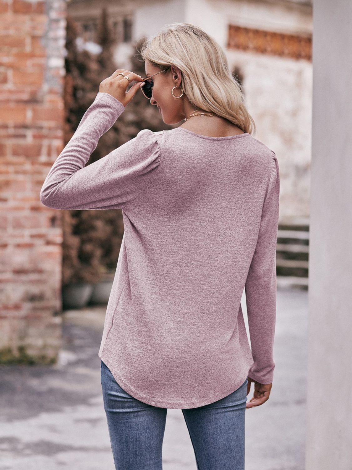 Pleated Detail Curved Hem Long Sleeve Top  Shirts & Tops- Doll Fits