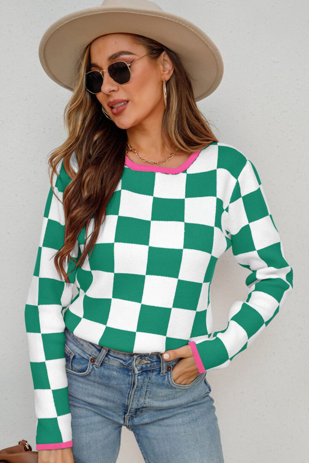 Checkered Round Neck Sweater  Shirts & Tops- Doll Fits