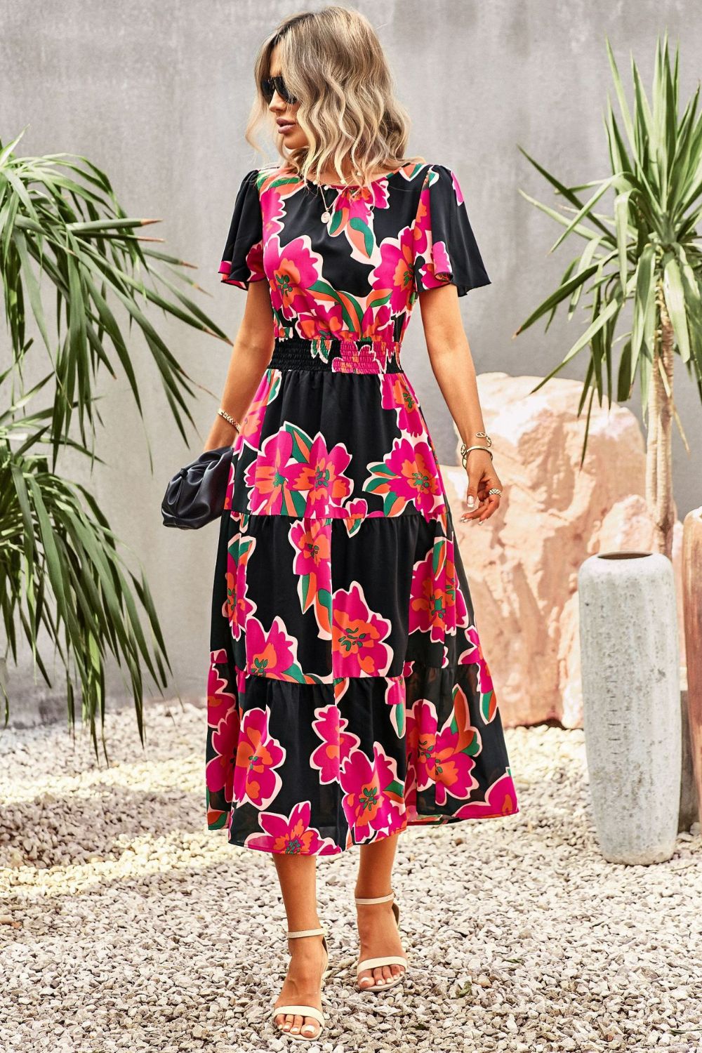Floral Puff Sleeve Tiered Midi Dress  Dresses- Doll Fits