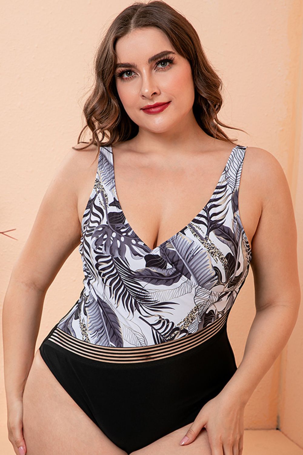 Full Size Two-Tone Plunge One-Piece Swimsuit  Swimwear- Doll Fits