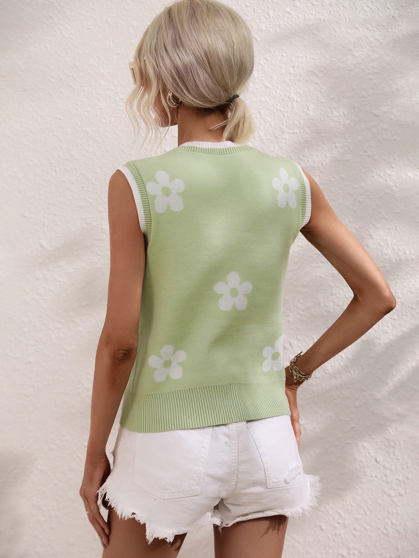 Floral Contrast Ribbed Trim Sweater Vest  Shirts & Tops- Doll Fits