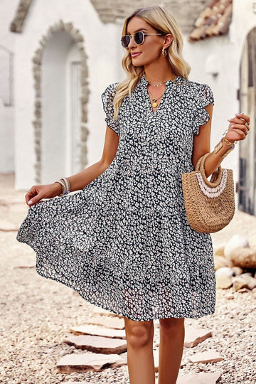 Floral Flutter Sleeve Notched Neck Tiered Dress  Dresses- Doll Fits