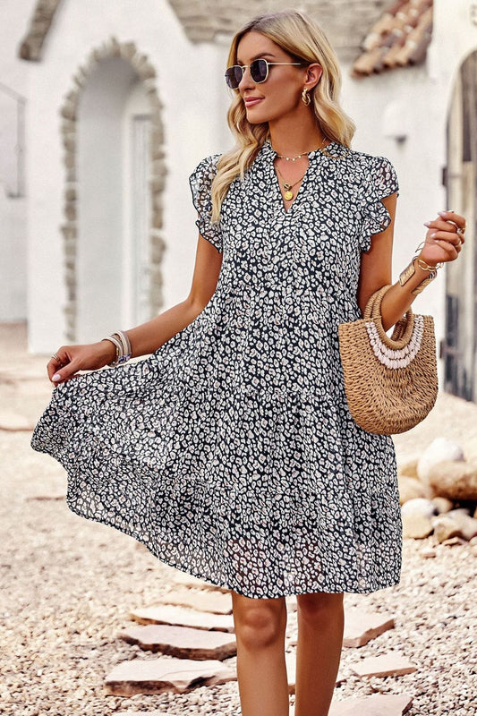 Floral Flutter Sleeve Notched Neck Tiered Dress  Dresses- Doll Fits