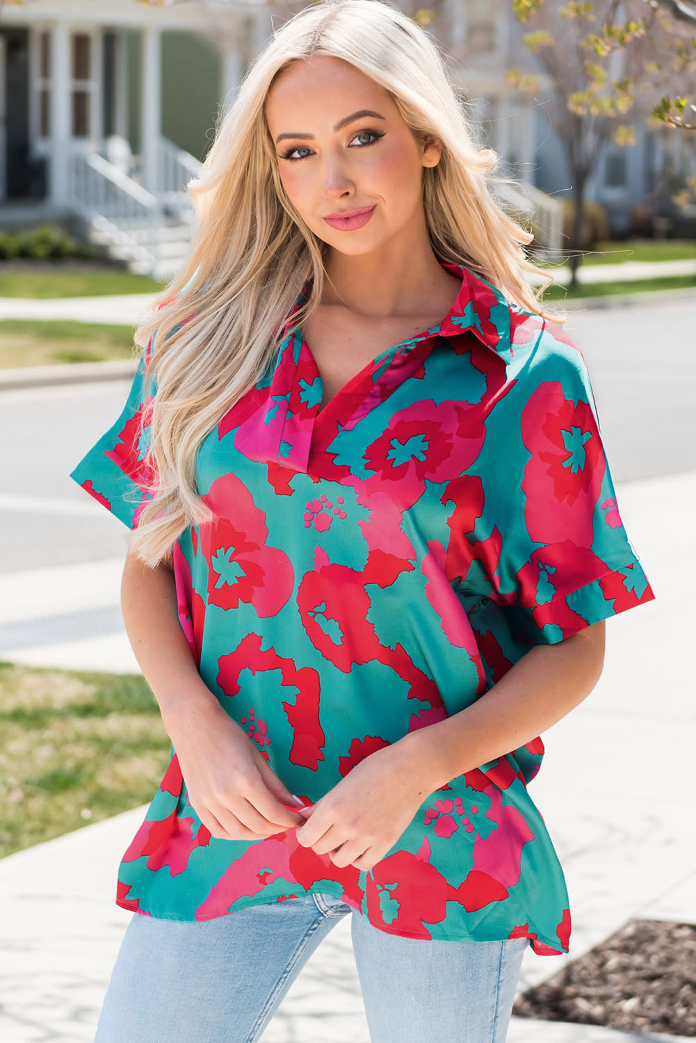 Printed Johnny Collar Short Sleeve Top  Shirts & Tops- Doll Fits