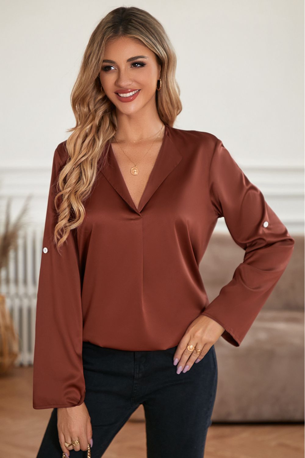 Roll-Tab Sleeve Collared Neck Blouse  - Doll Fits