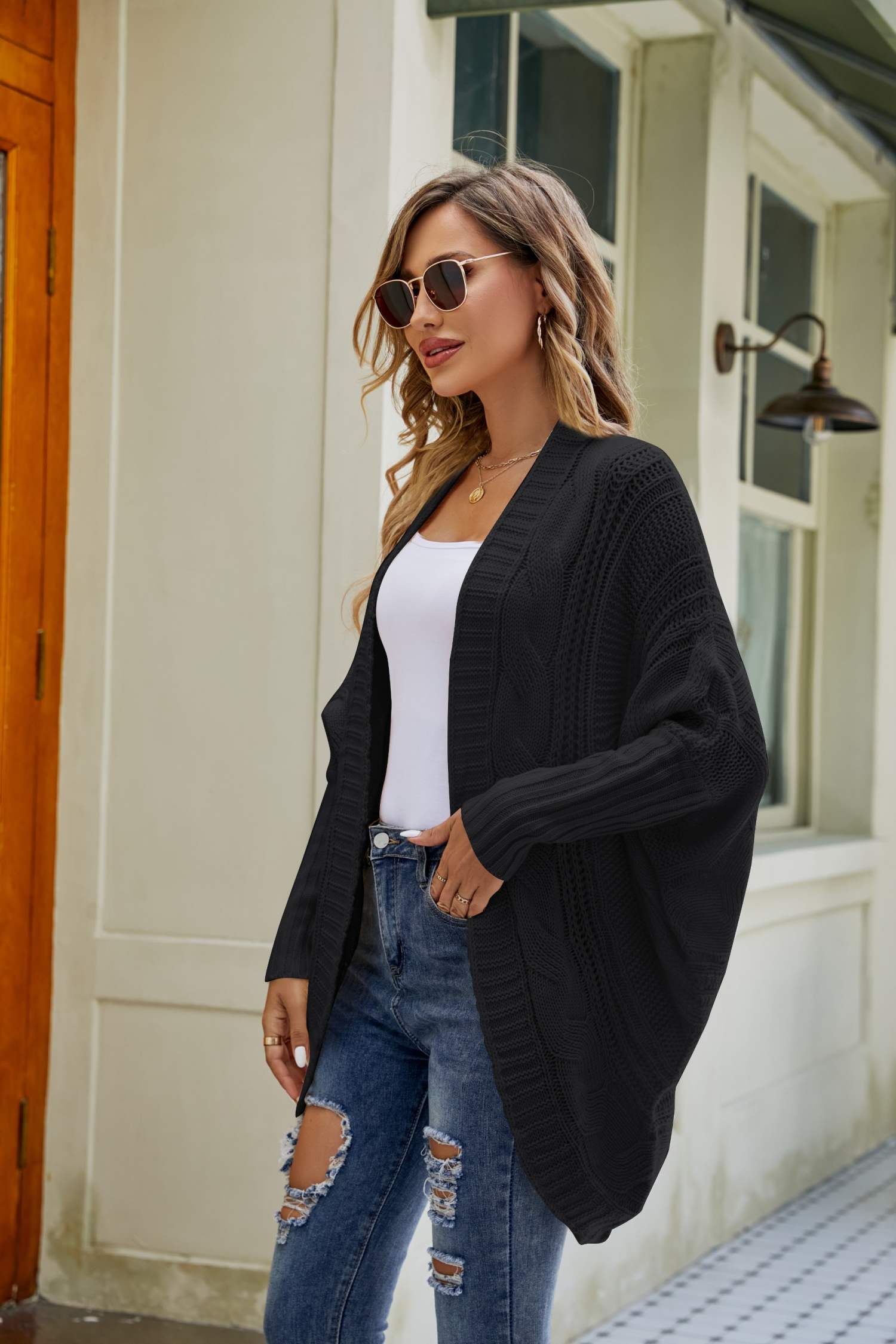 Mixed Knit Open Front Dolman Sleeve Cardigan  Coats & Jackets- Doll Fits