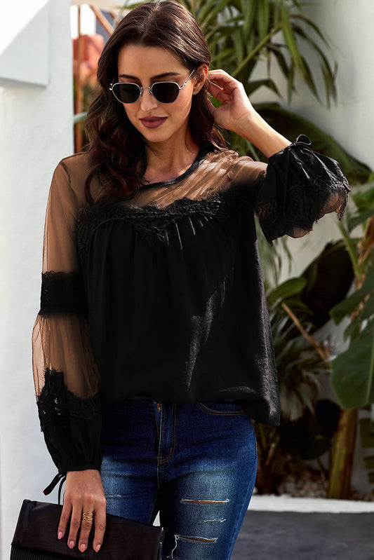 Tied Spliced Mesh Bubble Sleeve Blouse  Shirts & Tops- Doll Fits