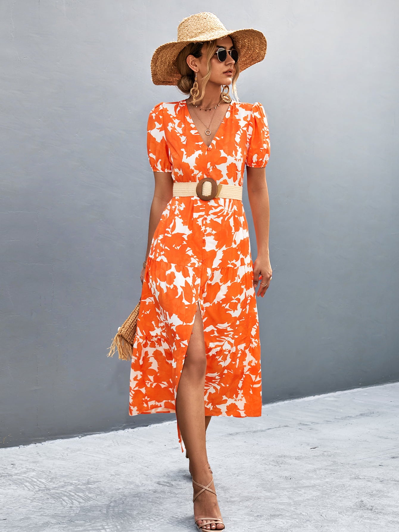 V-Neck Short Sleeve High Slit Midi Dress  Dresses- Doll Fits