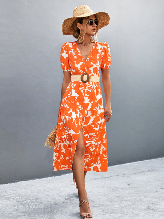 V-Neck Short Sleeve High Slit Midi Dress  Dresses- Doll Fits