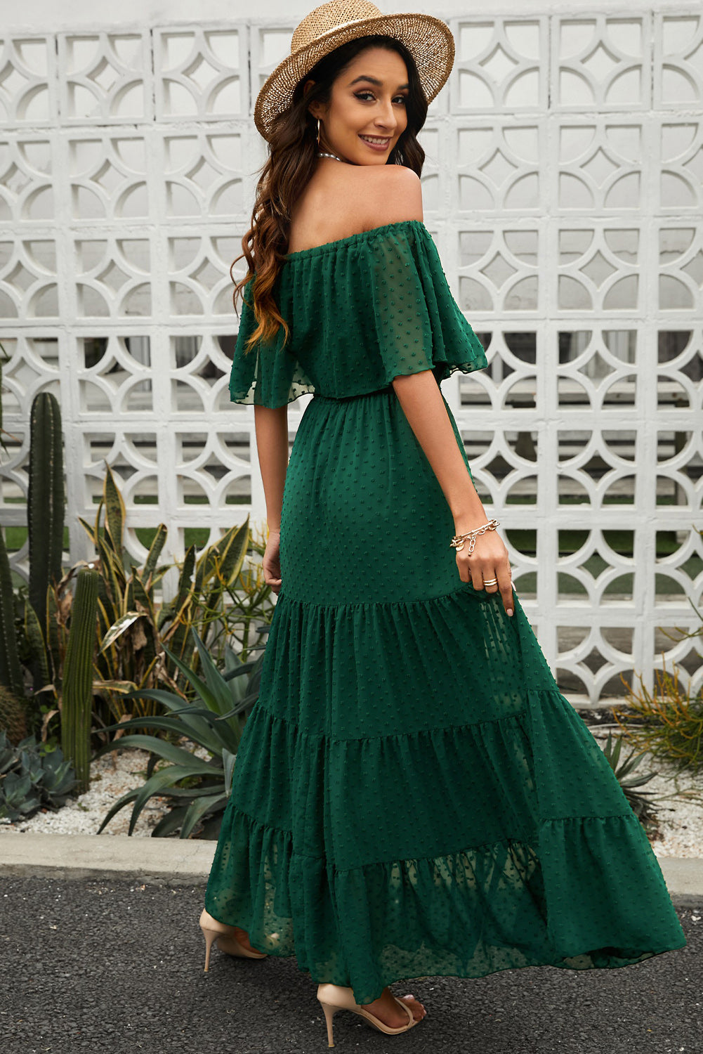 Swiss Dot Off-Shoulder Tiered Maxi Dress  Dresses- Doll Fits