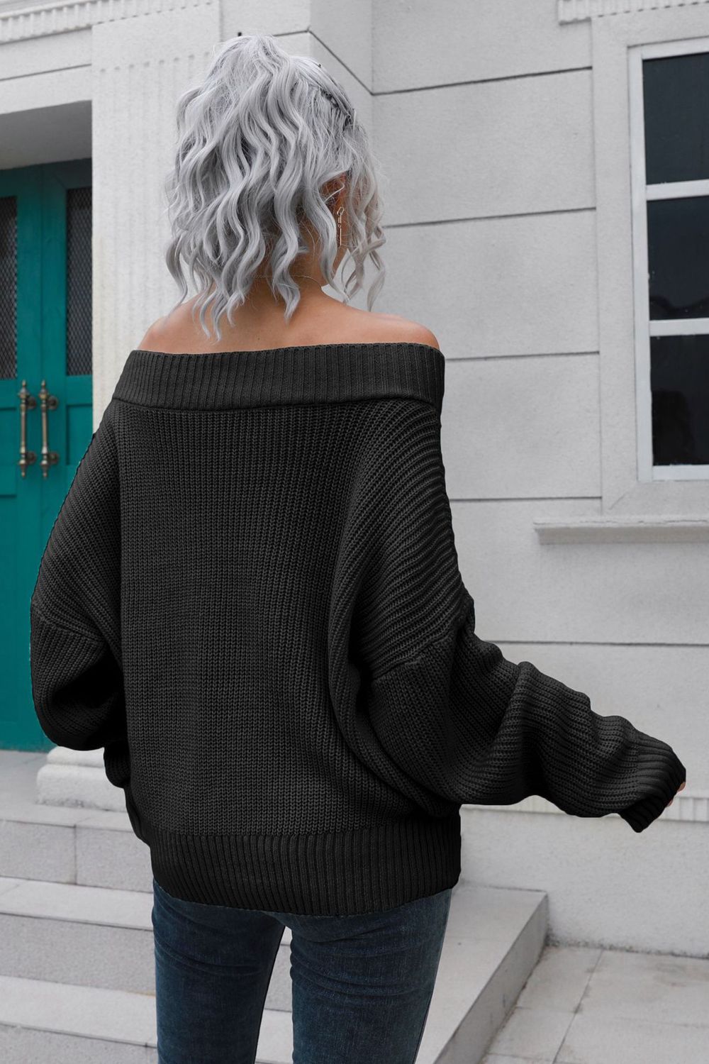 Off-Shoulder Ribbed Long Sleeve Pullover Sweater  - Doll Fits