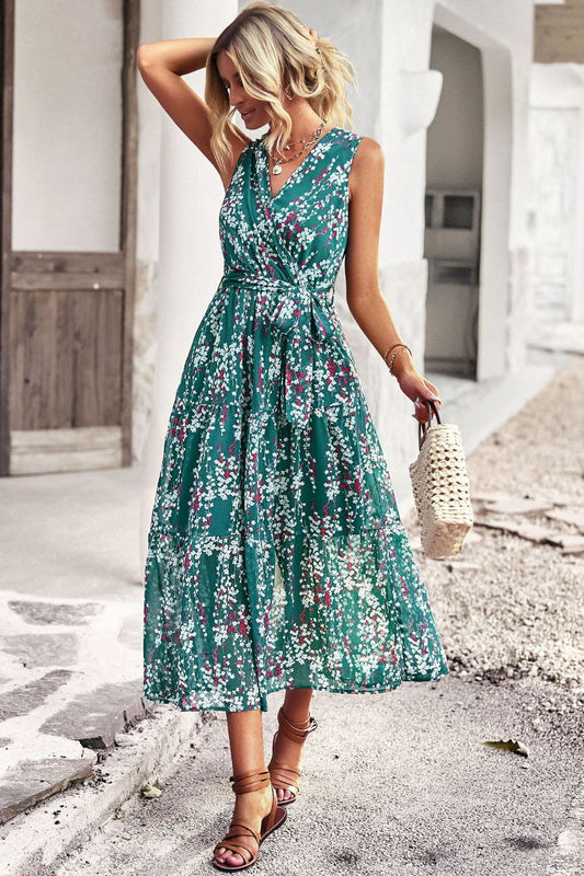 Floral Belted Surplice Sleeveless Tiered Dress  Dresses- Doll Fits