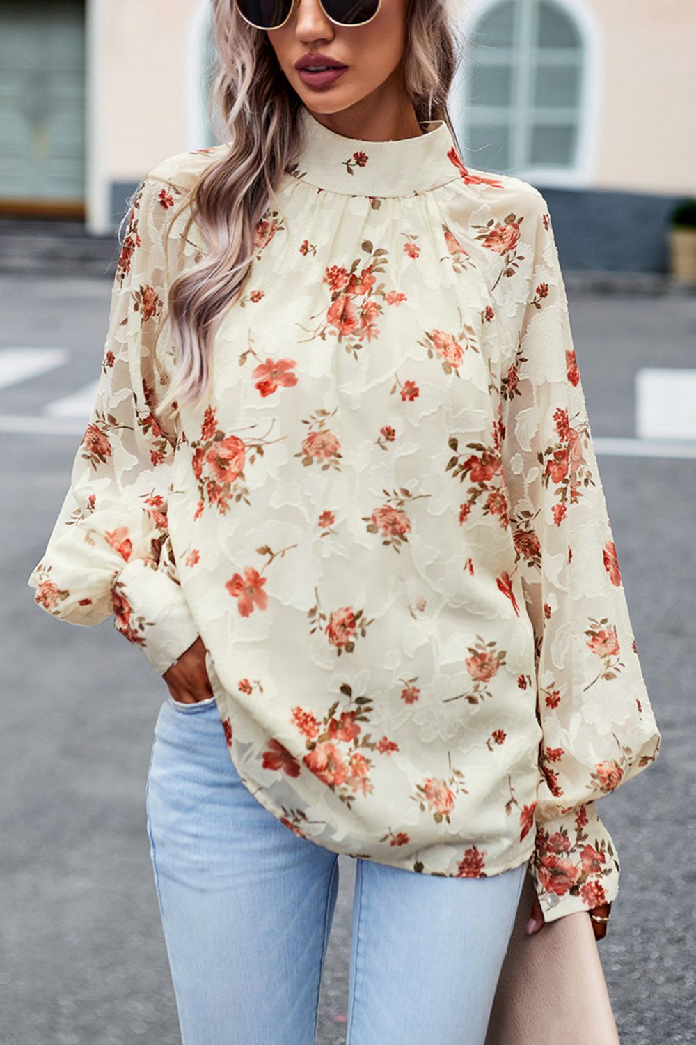 Floral Print Mock Neck Lantern Sleeve Blouse  - Doll Fits