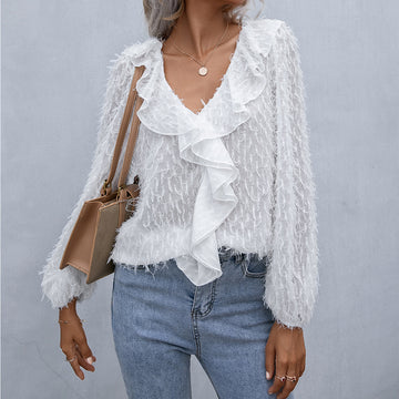 Double Take Ruffle Hem Fringe V-Neck Balloon Sleeve Blouse  - Doll Fits