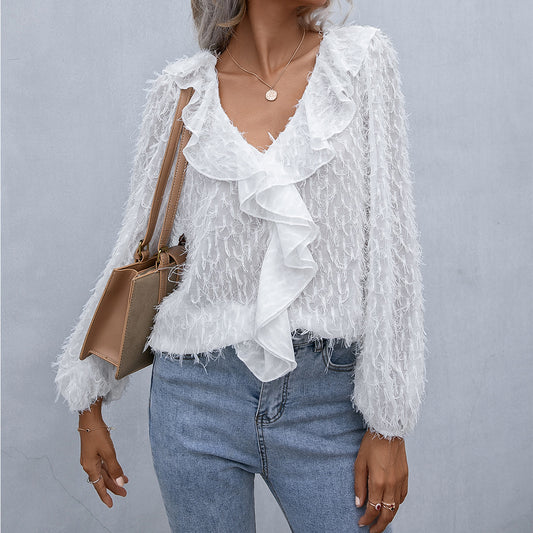 Double Take Ruffle Hem Fringe V-Neck Balloon Sleeve Blouse  - Doll Fits