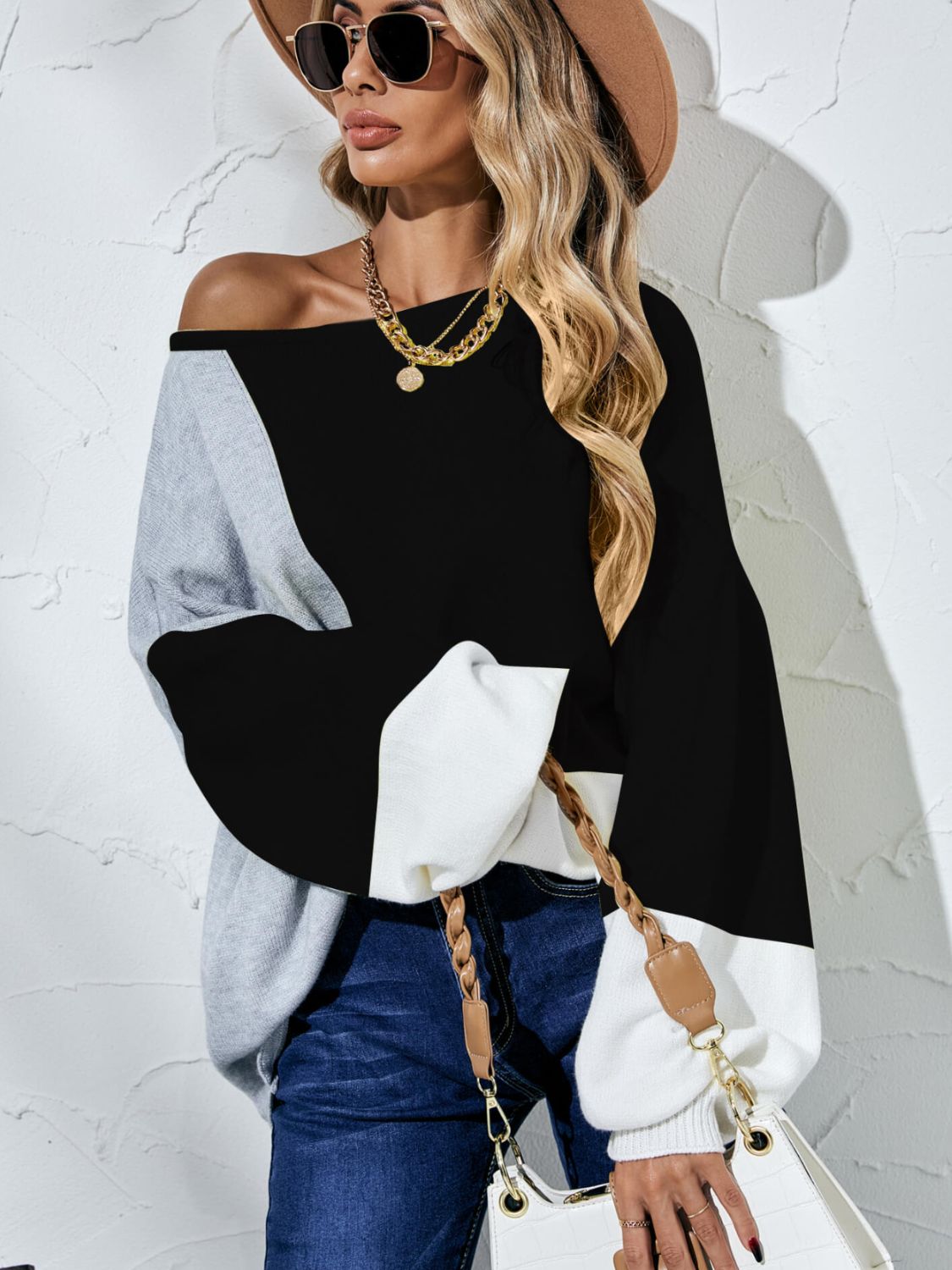 Color Block Balloon Sleeve Boat Neck Sweater  Shirts & Tops- Doll Fits