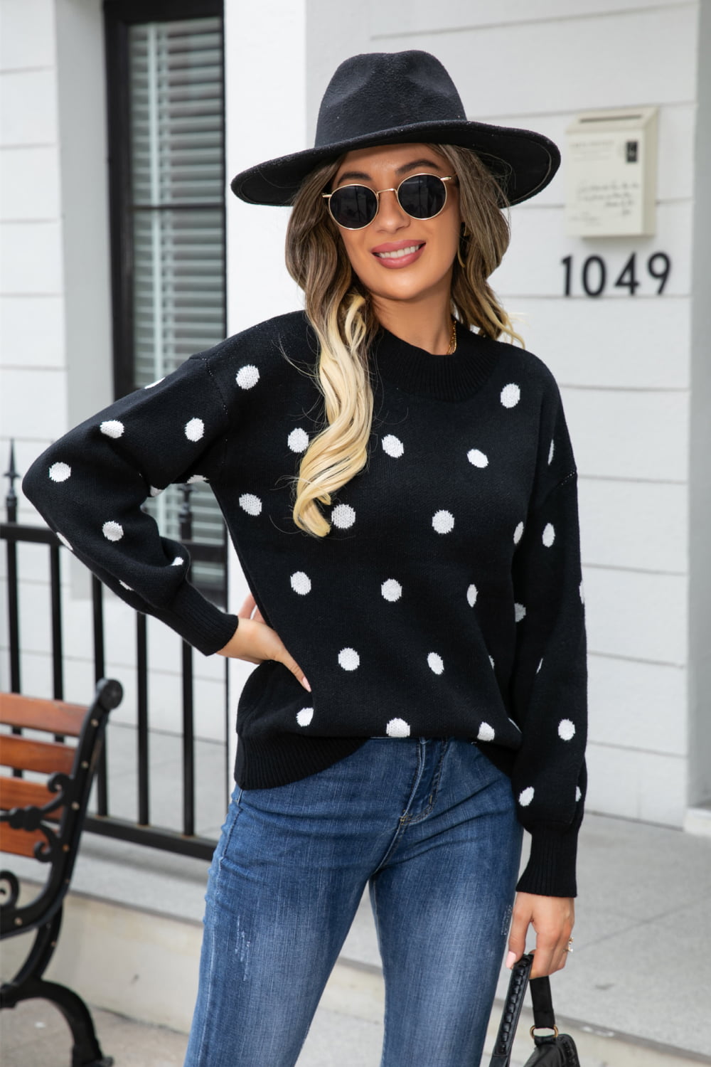 Woven Right Polka Dot Round Neck Dropped Shoulder Sweater  - Doll Fits