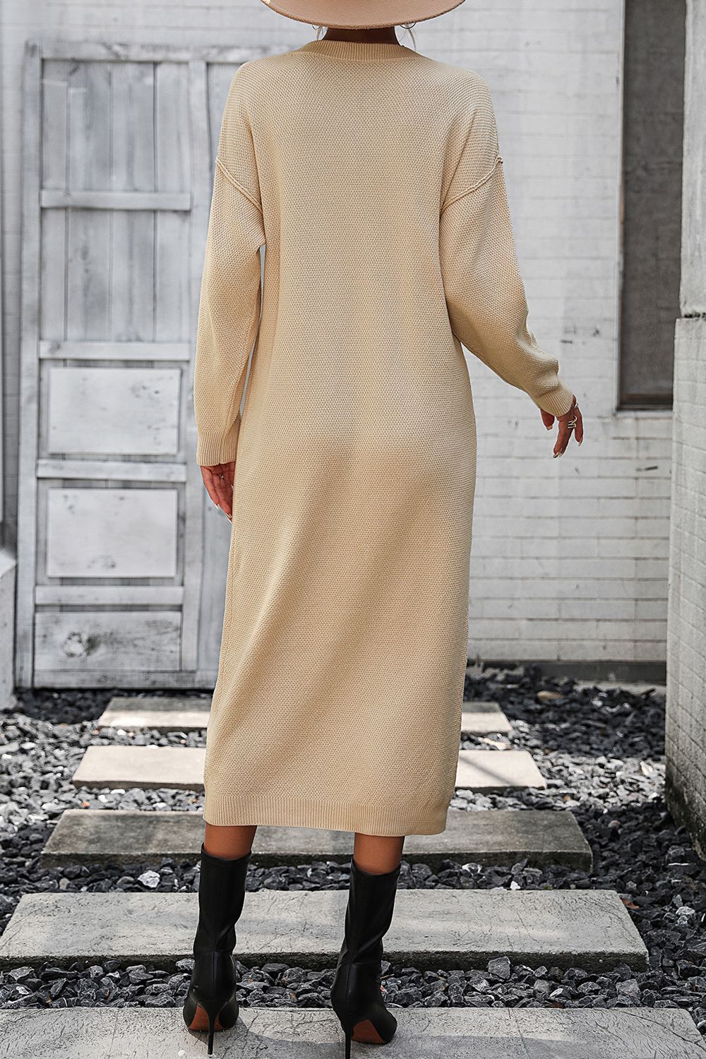 Notched Neck Dropped Shoulder Button-Down Midi Dress  Dresses- Doll Fits