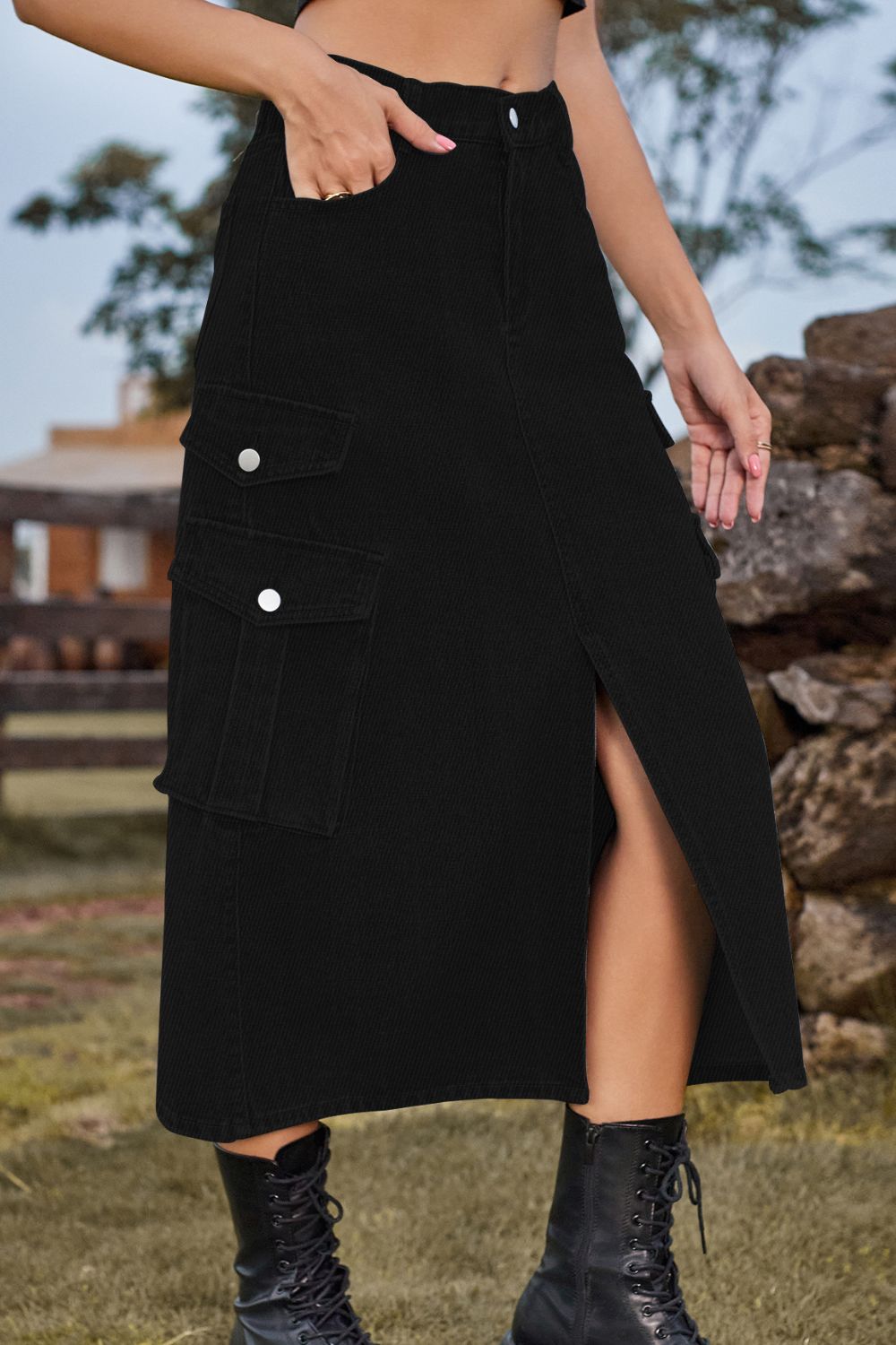 Slit Front Midi Denim Skirt with Pockets  Skirts- Doll Fits