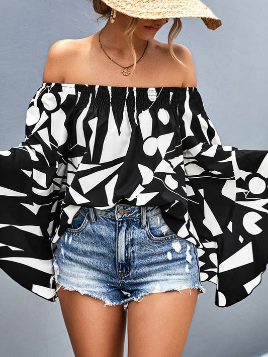 Printed Off-Shoulder Bell Sleeve Blouse  Shirts & Tops- Doll Fits
