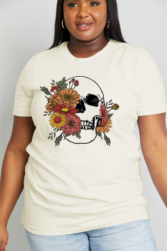 Simply Love Full Size Flower Skull Graphic Cotton Tee  Shirts & Tops- Doll Fits