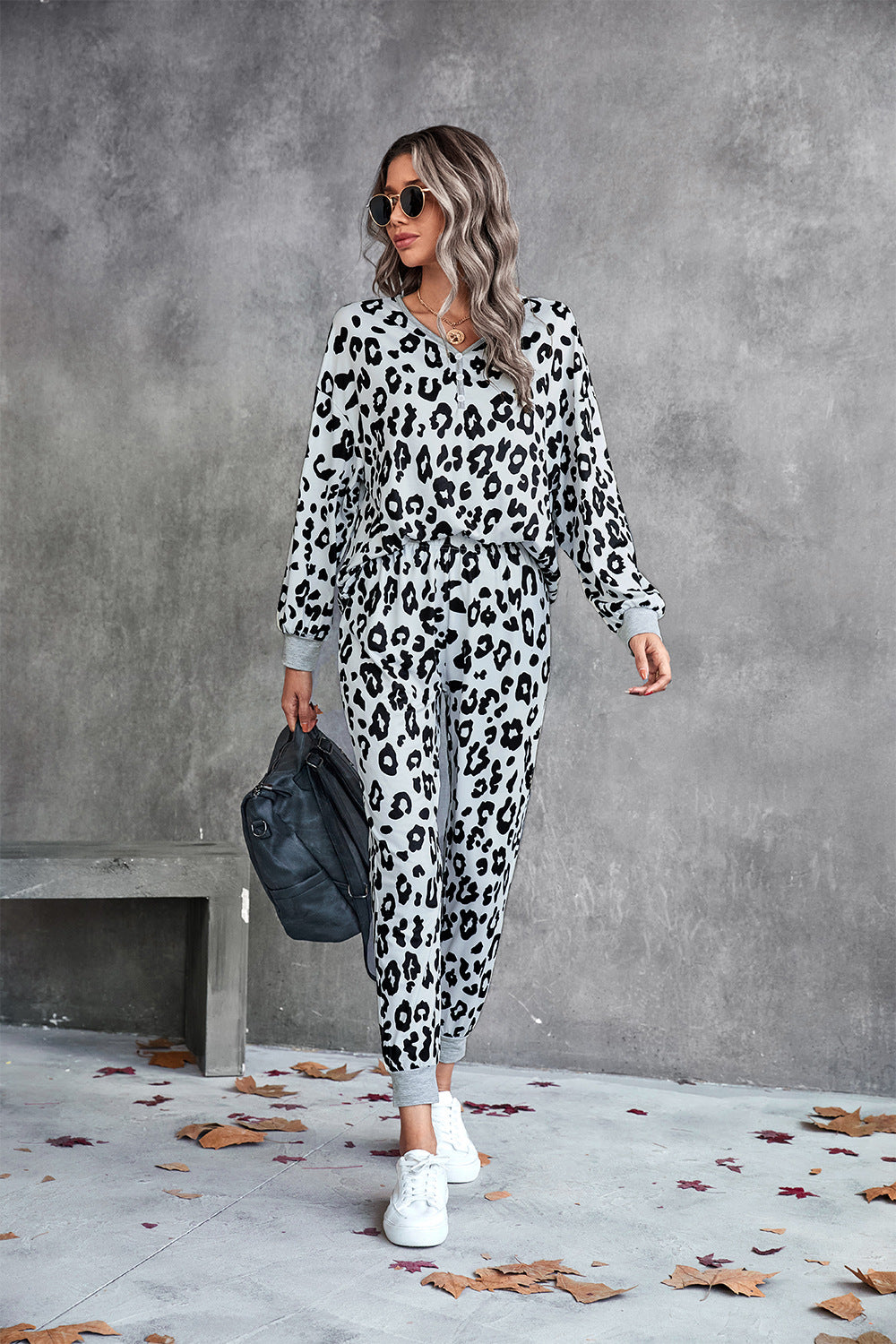 Leopard V-Neck Dropped Shoulder Loungewear Set  - Doll Fits