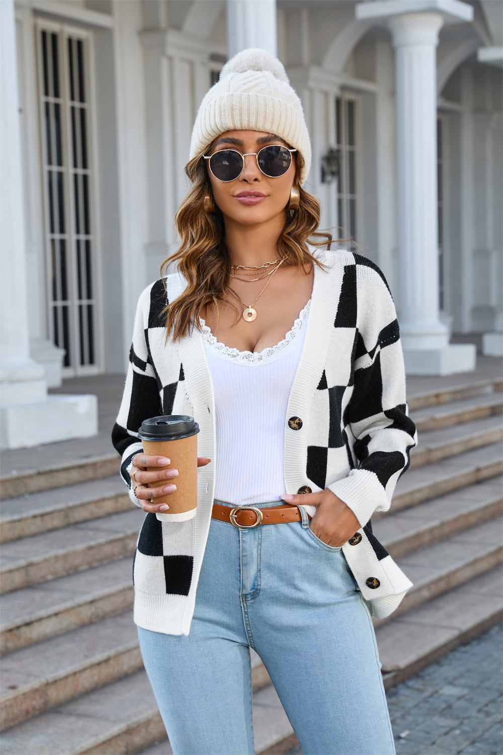 Button-Up Plaid V-Neck Dropped Shoulder Cardigan  - Doll Fits