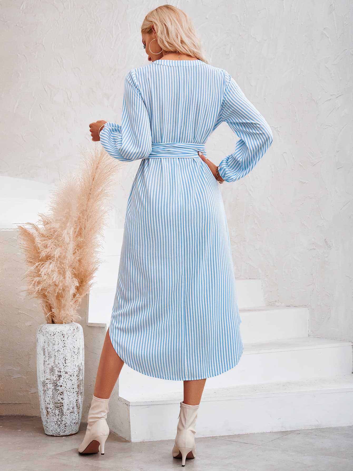 Striped Notched Neck Curved Hem Long Sleeve Dress  Dresses- Doll Fits