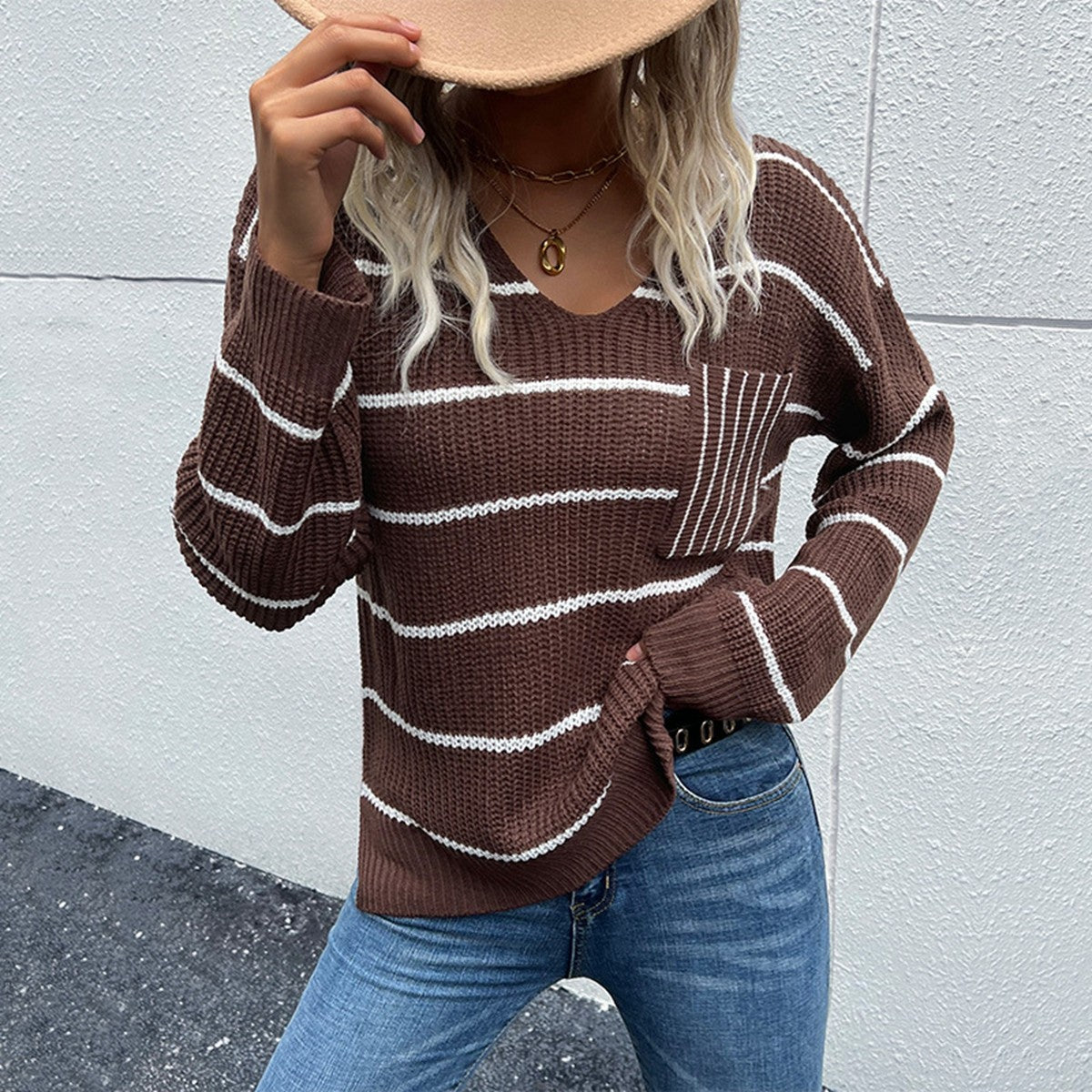Striped V-Neck Slit Dropped Shoulder Sweater  Shirts & Tops- Doll Fits
