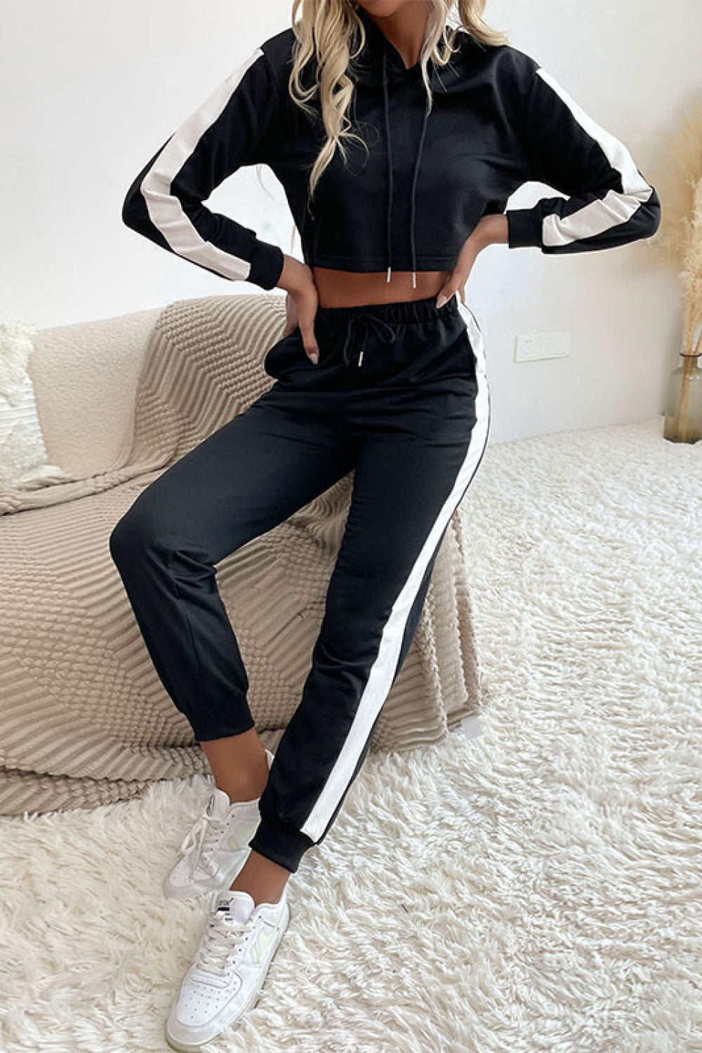 Side Stripe Cropped Hoodie and Jogger Set  Outfit Sets- Doll Fits