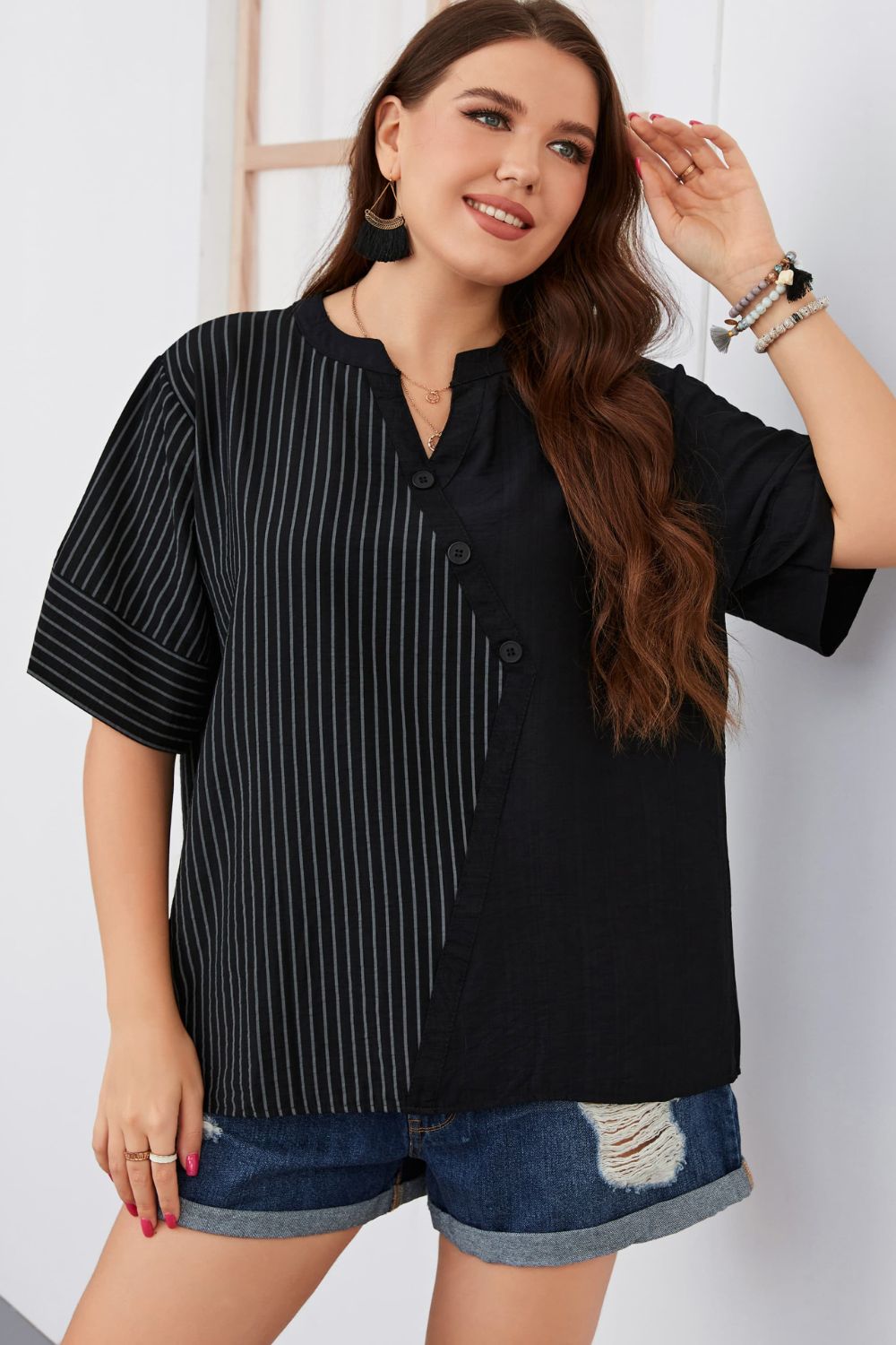 Plus Size Striped Notched Neck Half Sleeve Top  Shirts & Tops- Doll Fits