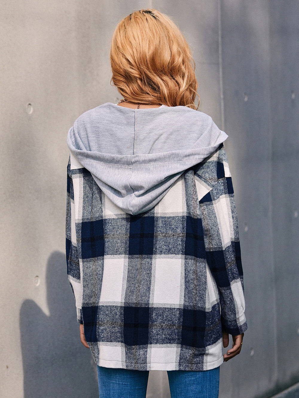 Plaid Dropped Shoulder Hooded Jacket  - Doll Fits