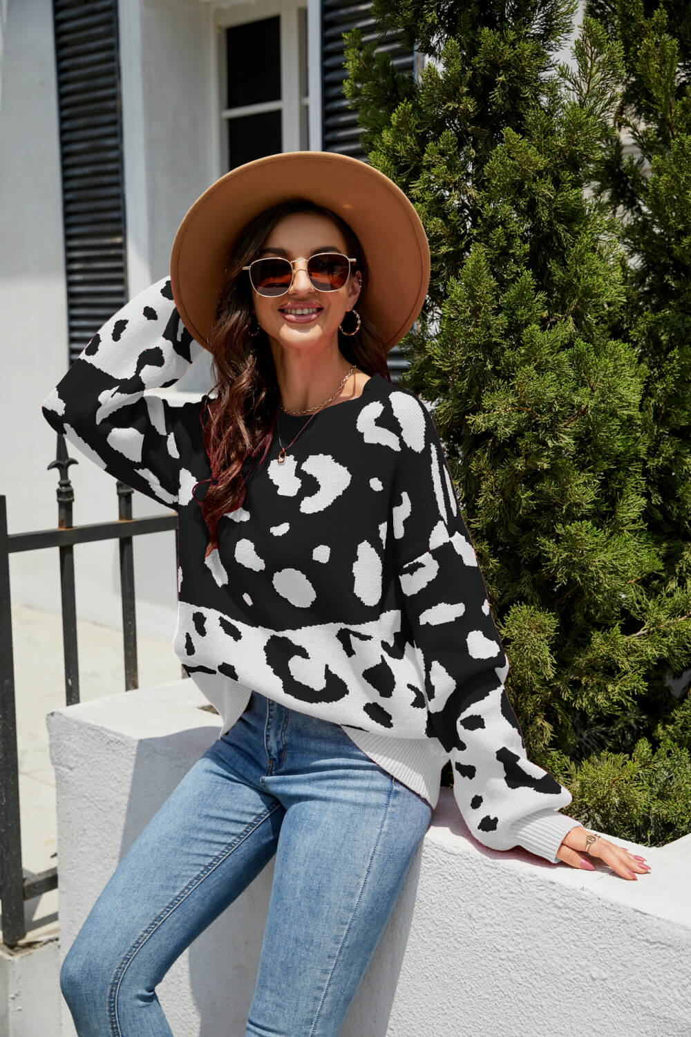 Leopard Ribbed Trim Dropped Shoulder Sweater  Shirts & Tops- Doll Fits