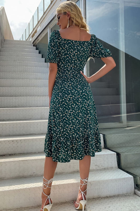 Floral Square Neck Slit Dress  Dresses- Doll Fits