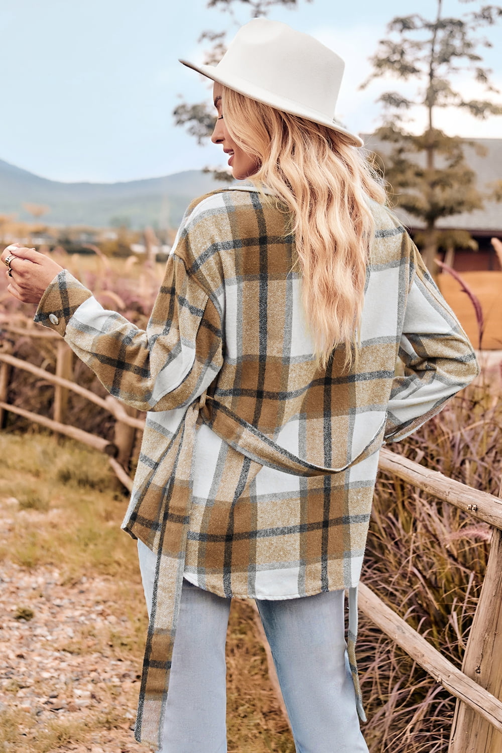 Plaid Collared Neck Bow Front Long Sleeve Jacket  - Doll Fits