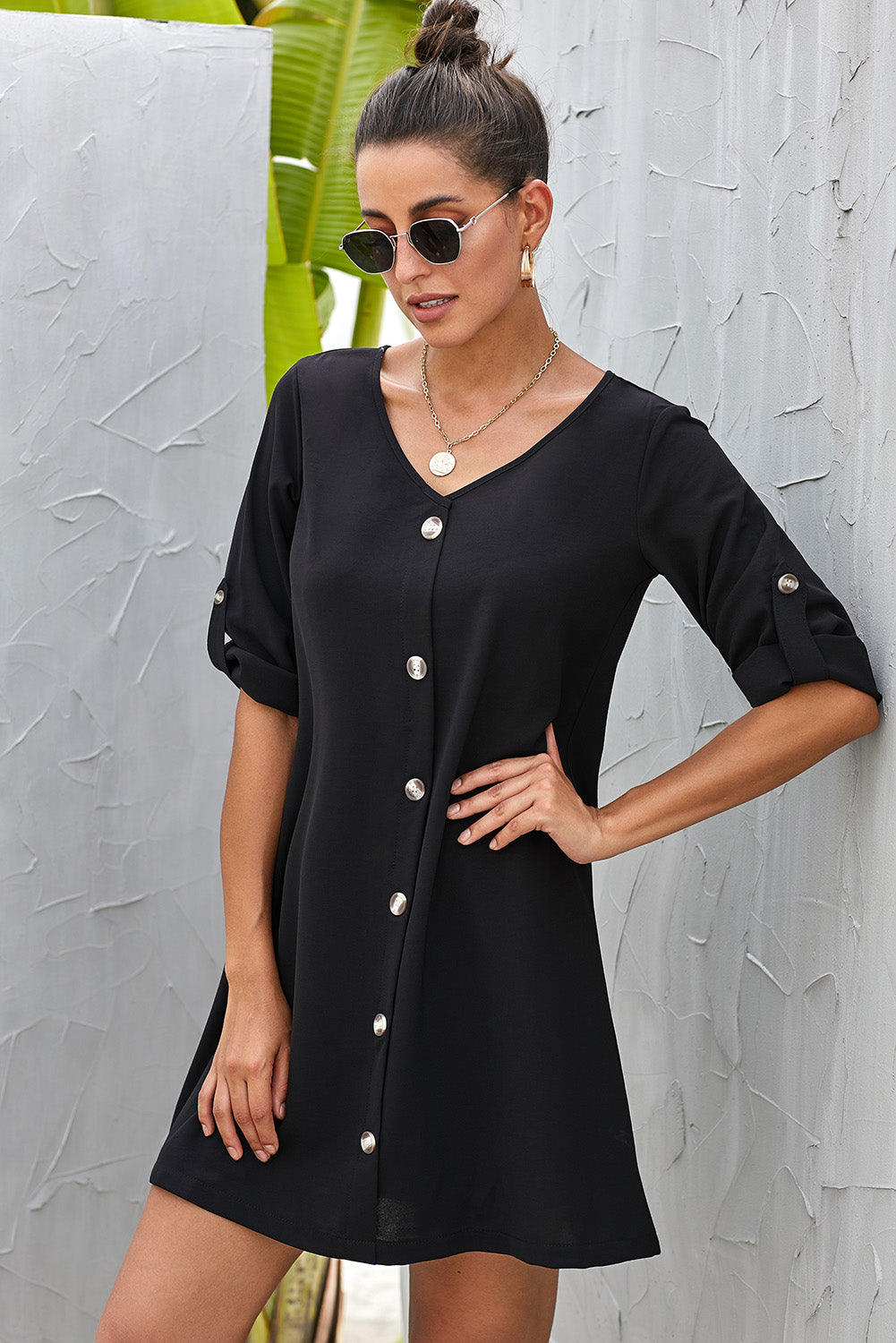 Buttoned V-Neck Dress  Dresses- Doll Fits