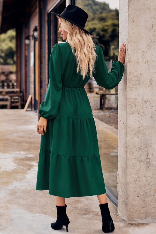 Collared Neck Long Sleeve Midi Dress  Dresses- Doll Fits
