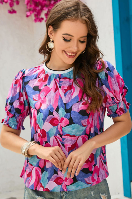 Floral Round Neck Puff Sleeve Top  Shirts & Tops- Doll Fits