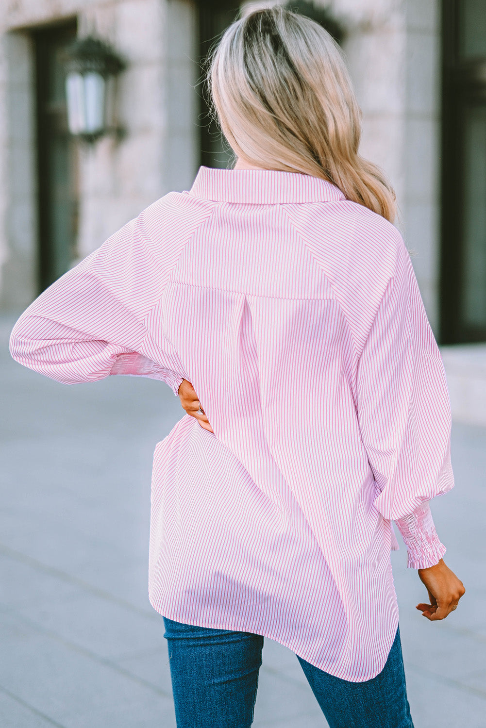 Striped Lantern Sleeve Collared Shirt  Shirts & Tops- Doll Fits
