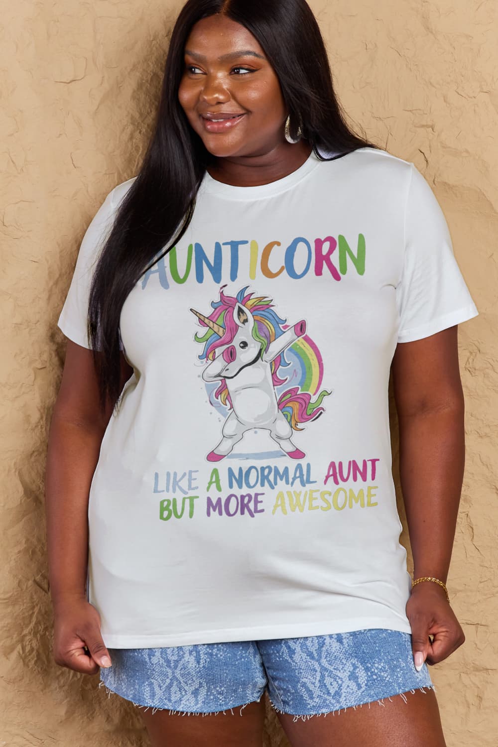 Simply Love Full Size AUNTICORN LIKE A NORMAL AUNT BUT MORE AWESOME Graphic Cotton Tee  - Doll Fits